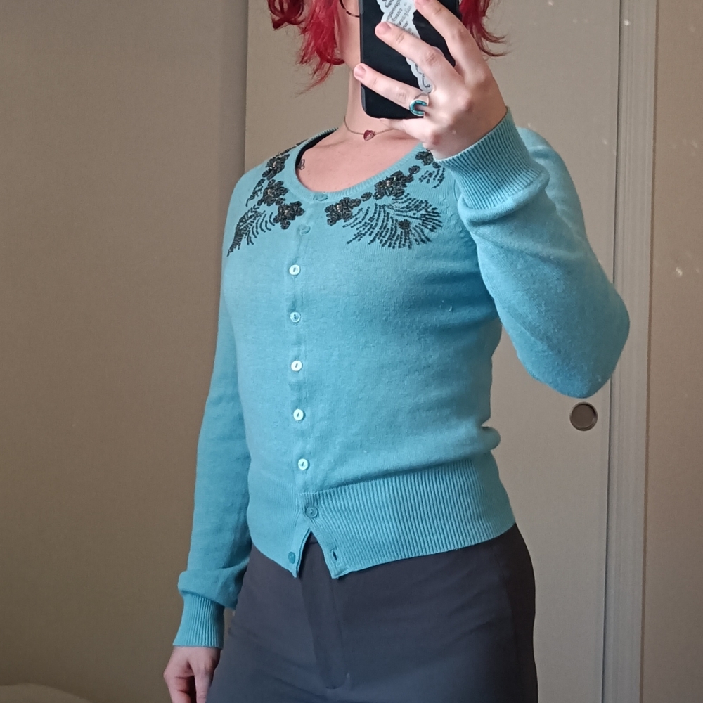 Beaded Blue Anthropologie Cardigan